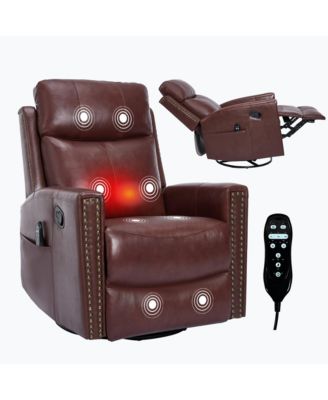 Genuine Leather Heat Massage Manual Recliner Chair with Rocker and Swivel for Living Room