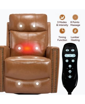 Genuine Leather Heat Massage Manual Recliner Chair with Rocker and Swivel for Living Room