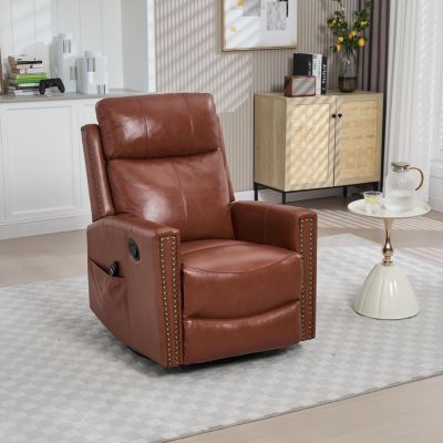Genuine Leather Heat Massage Manual Recliner Chair with Rocker and Swivel for Living Room