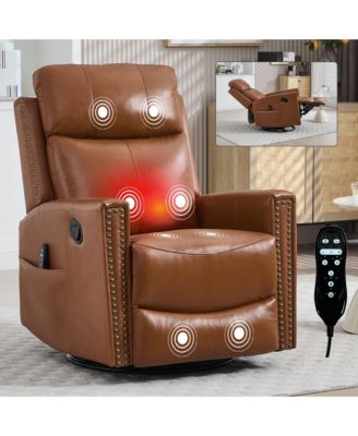 Genuine Leather Heat Massage Manual Recliner Chair with Rocker and Swivel for Living Room