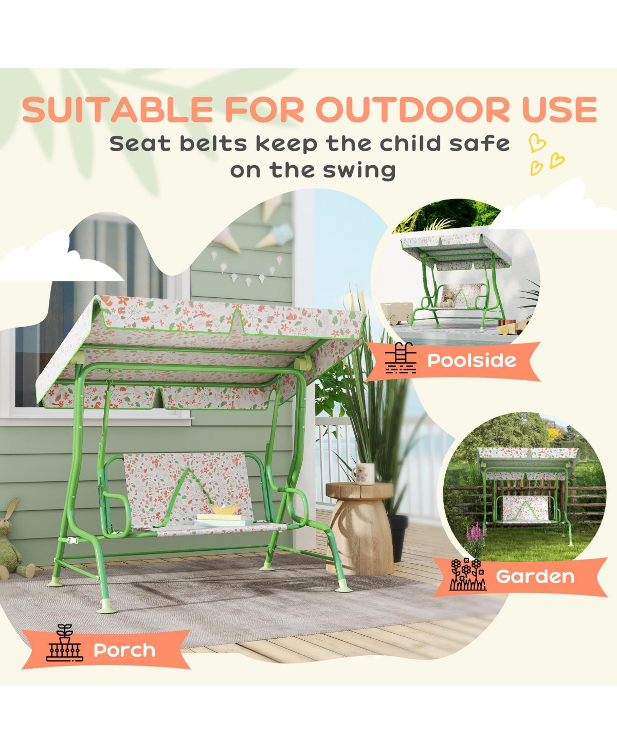 Qaba Kids Patio Swing, 2-Seater Outdoor Porch Swing Chair