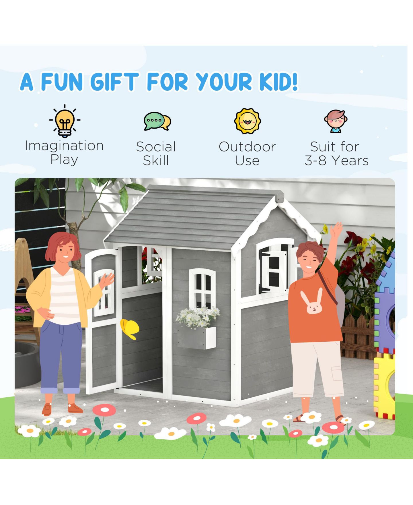 Детская игрушка Outsunny Wooden Cottage Playhouse with Floor, Ages 3-8, цвет: Серый — фото 6