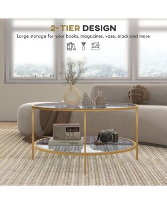 Round Side Table with Storage, 2-Tier End Table Tempe Glass Top