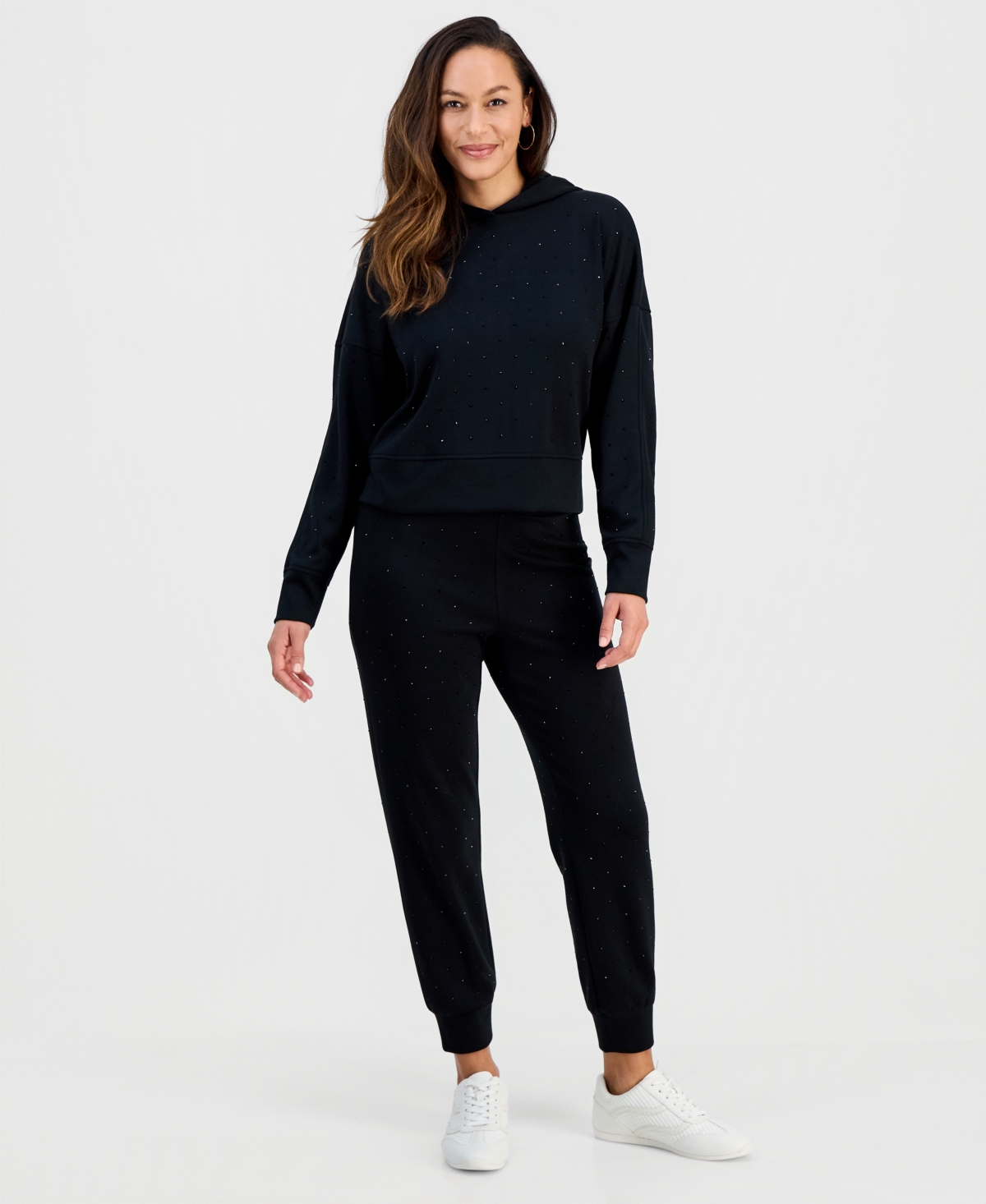 Inc International Concepts Petite Shine Embellished Hoodie, Macy's Exclusive In Black