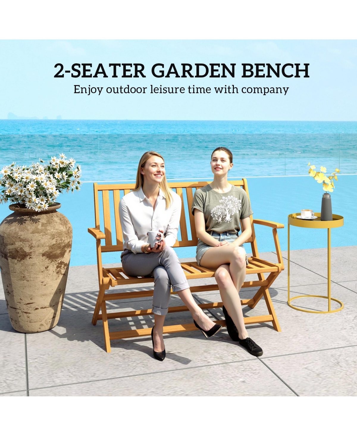 Outsunny Wood Outdoor Bench, 2-Person Foldable Patio Garden