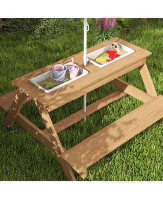 Kids Picnic Table, Wooden Outdoor Table & Bench Set with Umbrella