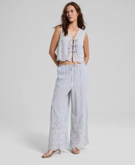 Petite Striped Eyelet Pants - Blue/White Stripe