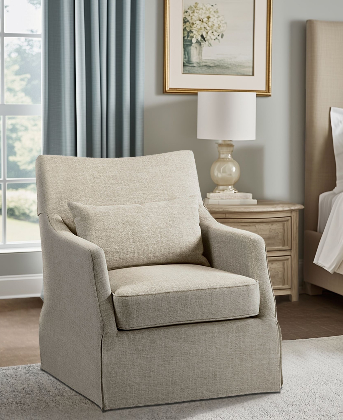 Martha Stewart Collection London 28"W Upholstered Skirted Swivel Armchair with Lumbar Pillow