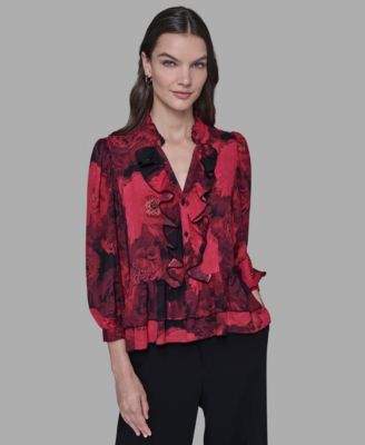 KARL LAGERFELD PARIS - Women's V-Neck Floral Print Ruffle Detail Top