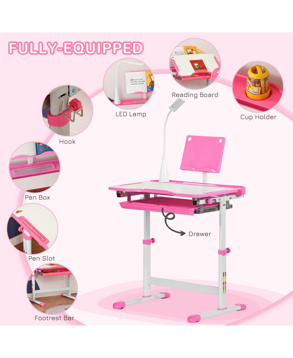 Qaba Kids Desk and Chair Set with Tilt Desktop, Storage Drawer,