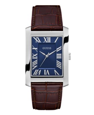 Men's Silver-Tone Brown Leather Analog Watch, 34mm