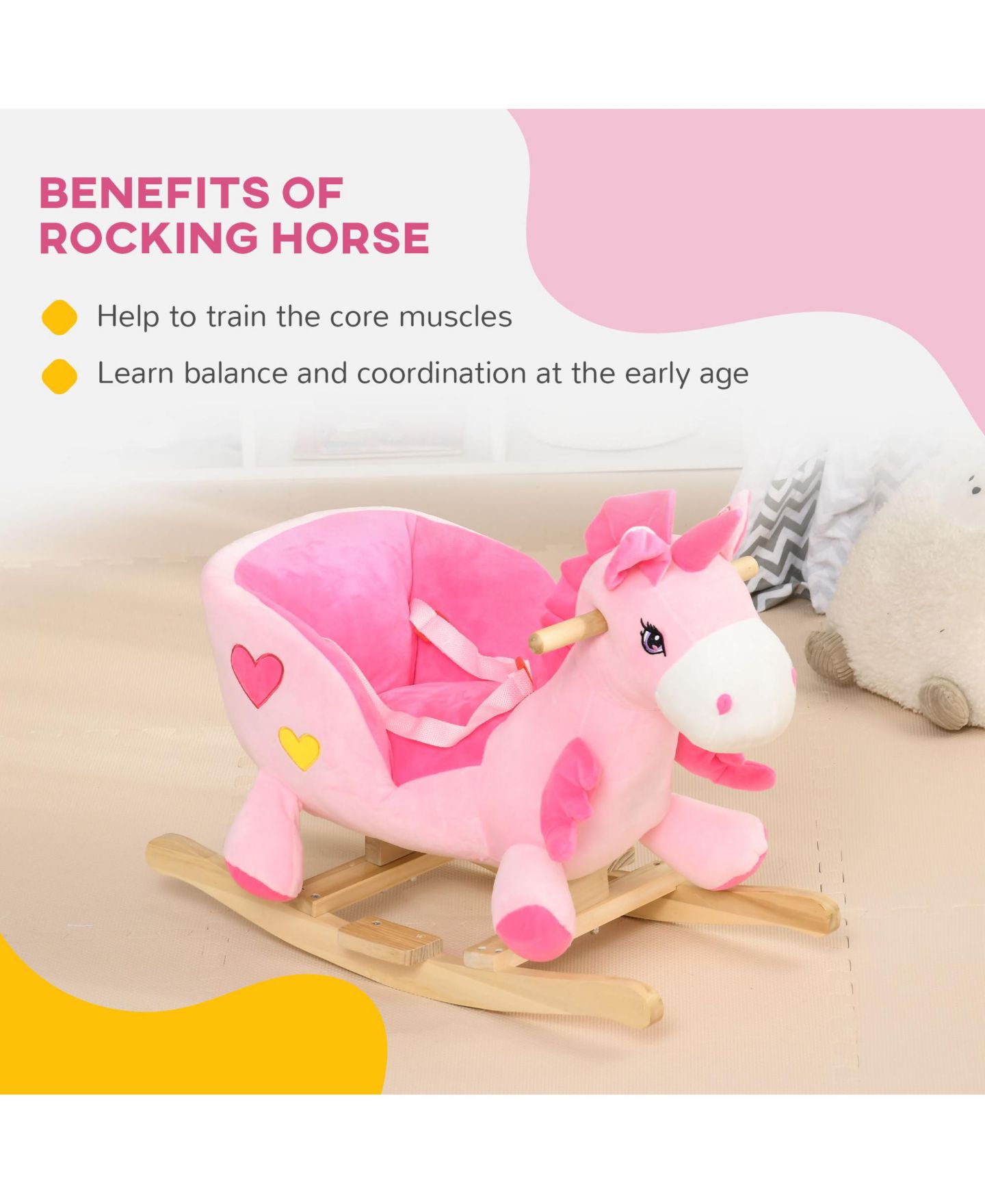 Детская игрушка Qaba Kids Rocking Unicorn with Sound, Wood Base Rocking Chair, 66-lb Capacity, Ages 18-36 Months — фото 9