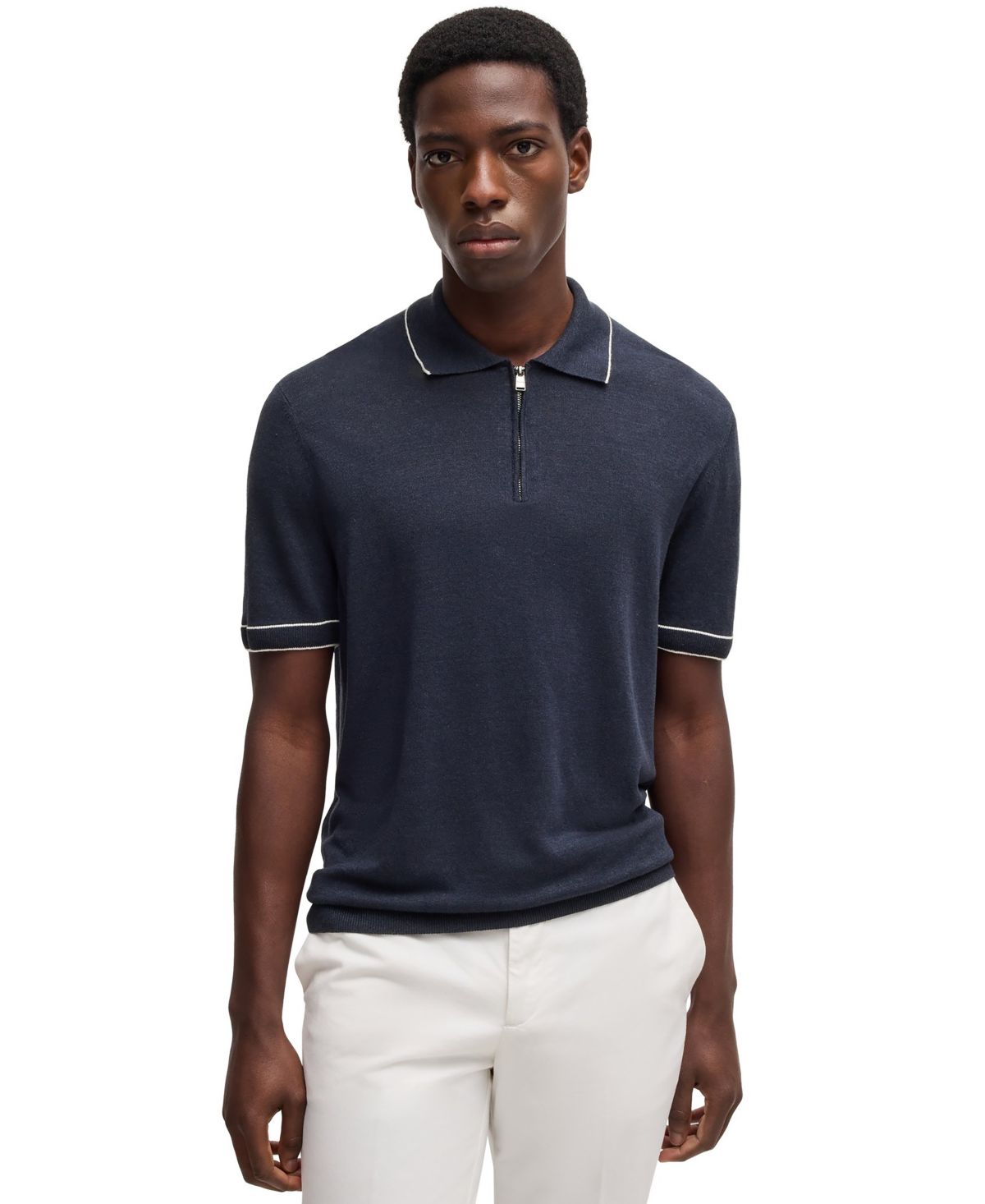 Мужской свитер льняной вязки с застежкой-молнией и планкой из смеси льна