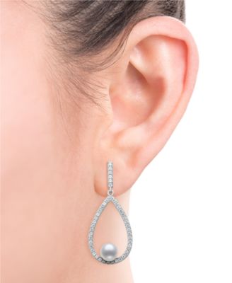 Cultured Freshwater Button Pearl (6-7mm) and Lab Created Sapphire(1 3/4 ct.t.w) Earrings in Sterling Silver