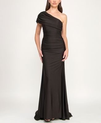 Juniors' One-Shoulder Draped Floor-Sweeping Gown