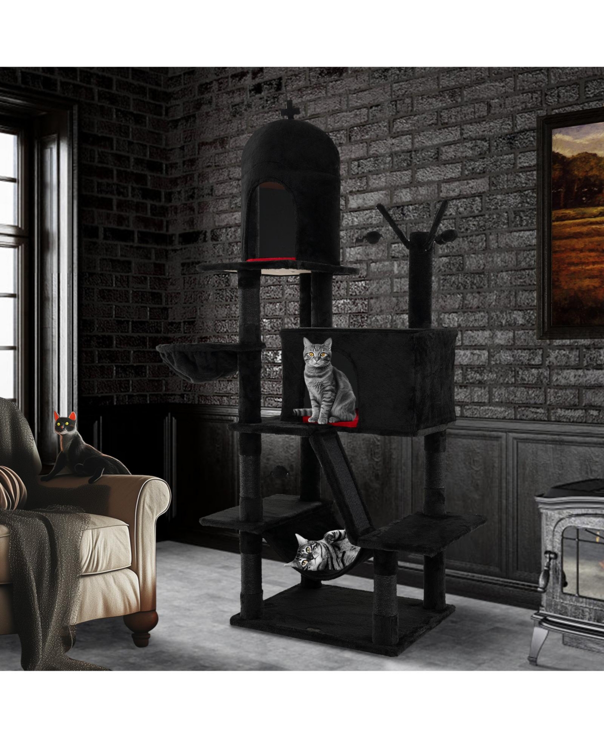 Skonyon Gothic Cat Tree with 2 Cat Condos and Spooky Dangling Ball for Indoor Cats