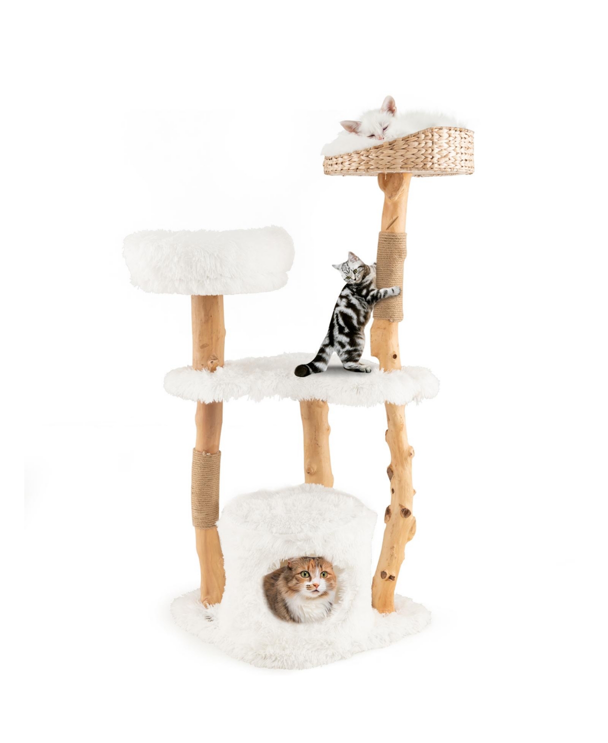 Skonyon Solid Wood Cat Tower with Top Cattail Basket Cat Bed for Indoor Cats