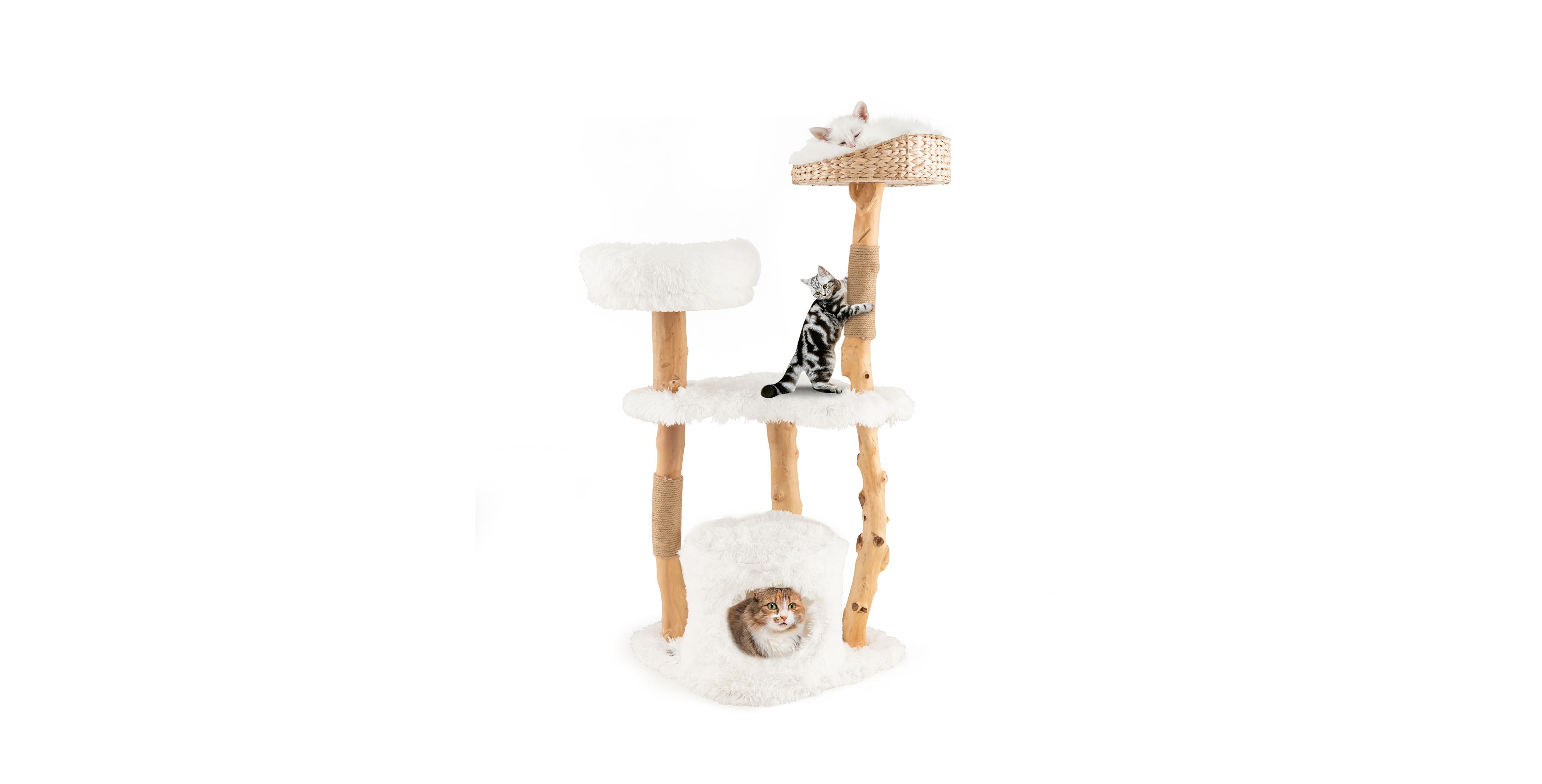 Skonyon Solid Wood Cat Tower with Top Cattail Basket Cat Bed for Indoor Cats