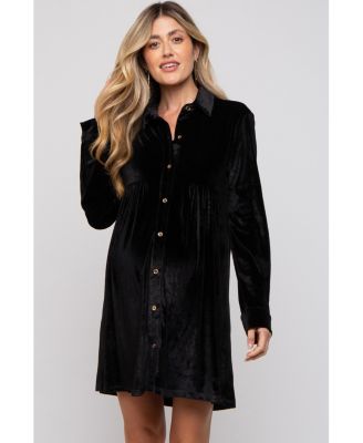 Maternity Black Velvet Button Down Dress