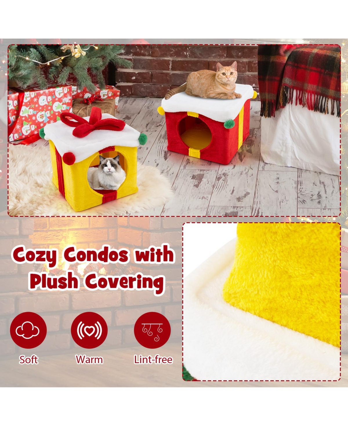 Skonyon 2 Gift Box Shaped Cute Christmas Cat House with Bow