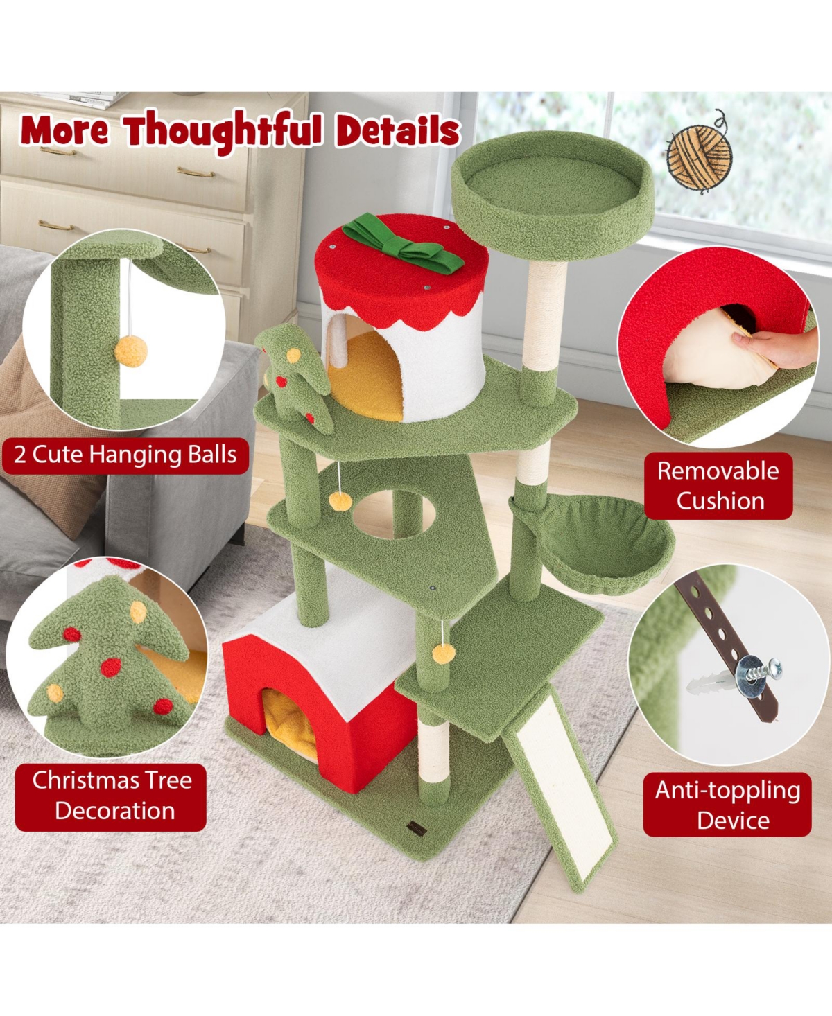Skonyon 61 Inches Cute Christmas Cat Tree with Sisal Scratching Posts and 2 Condos
