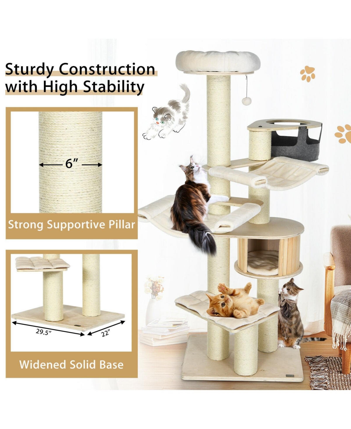 Skonyon 77.5-Inch Cat Tree Condo Multi-Level Kitten Activity Tower with Sisal Posts
