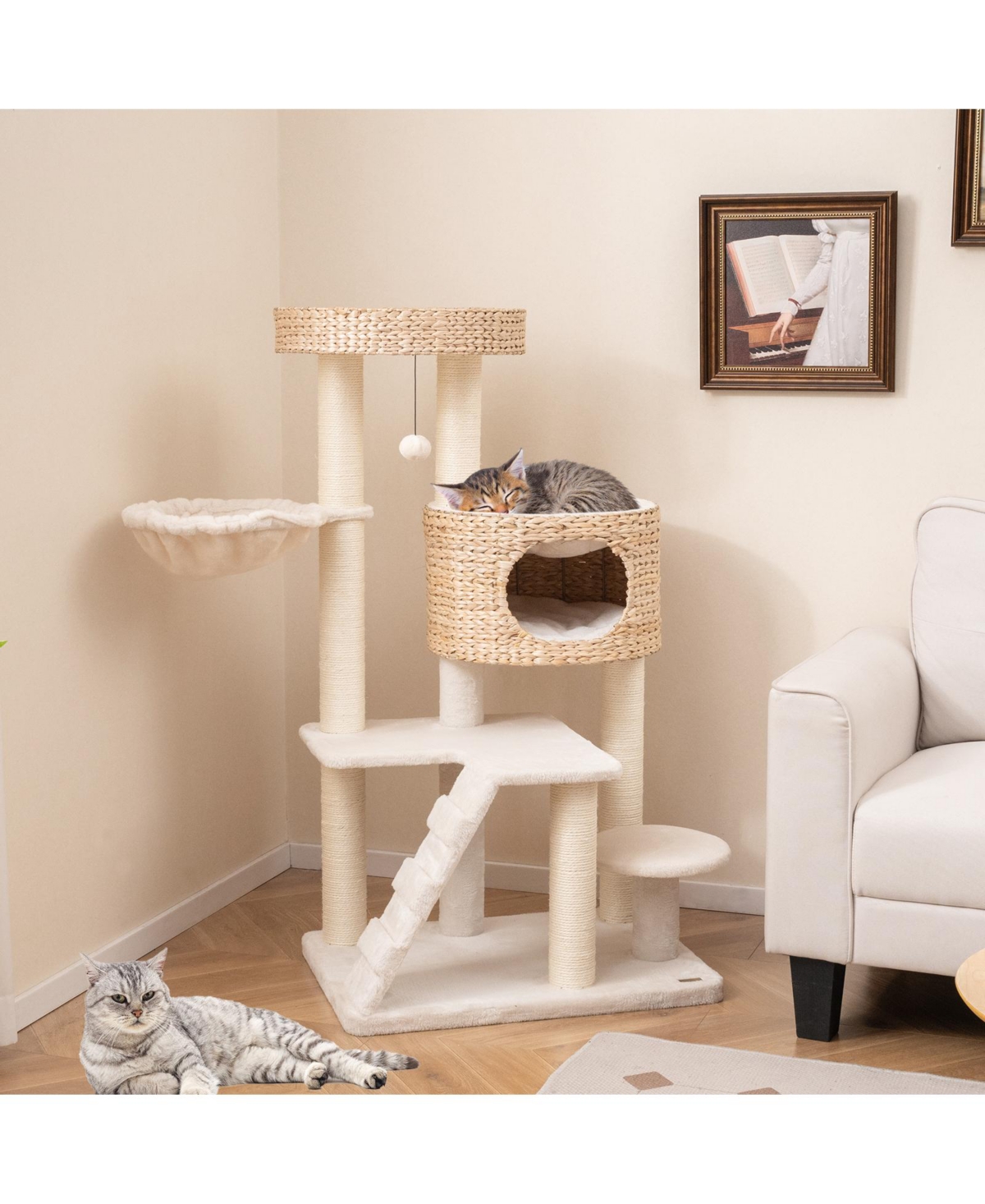 Skonyon Modern Cat Tree for Indoor Cats with Cattail Fluff Condo and Top Perch