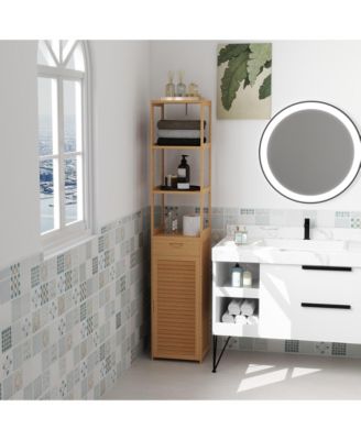 Bamboo Tall Slim Bathroom Cabinet with Drawer and Slatted Shelves