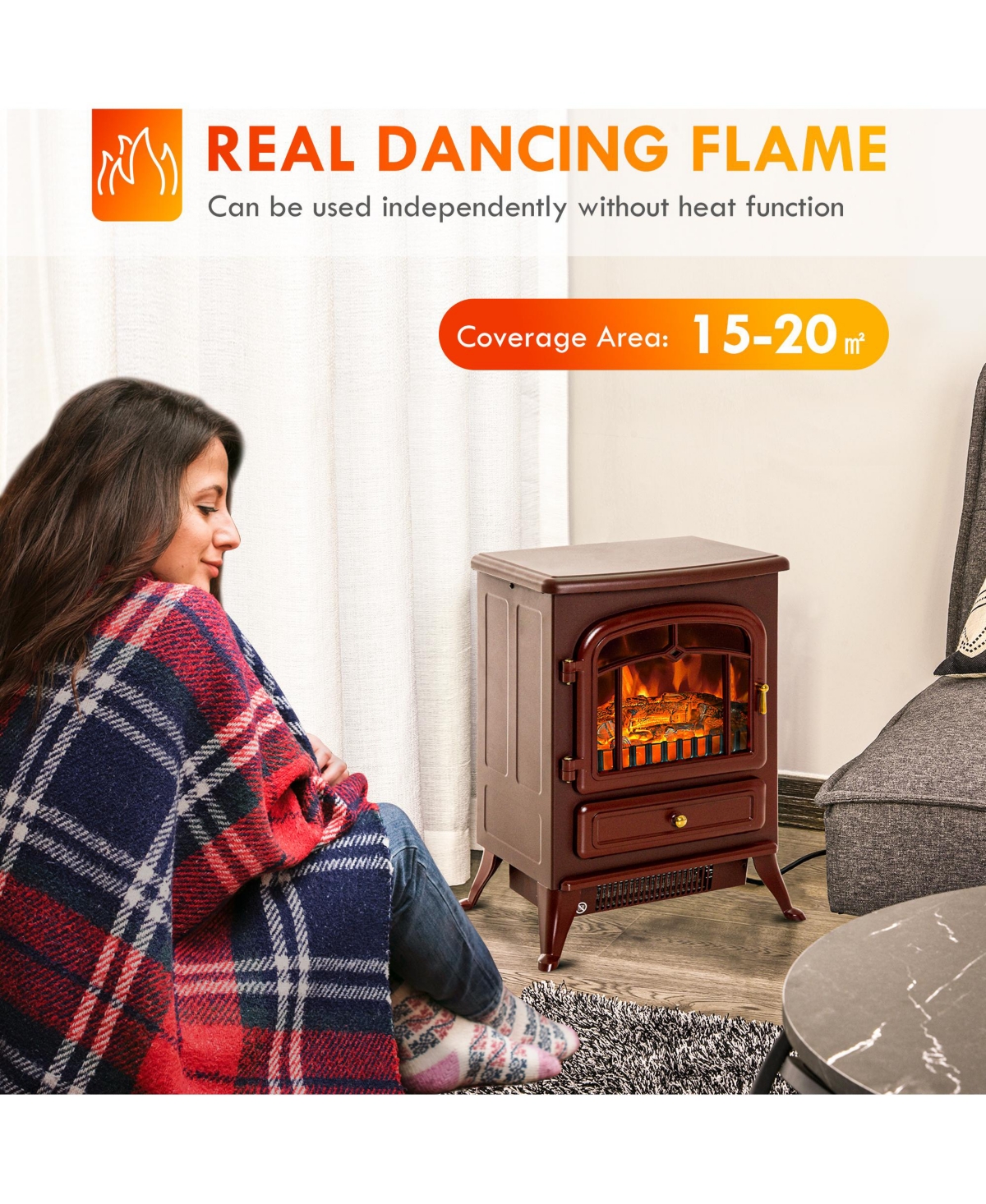 Homcom Freestanding Electric Fireplace Heater with Realistic Led Log Flames