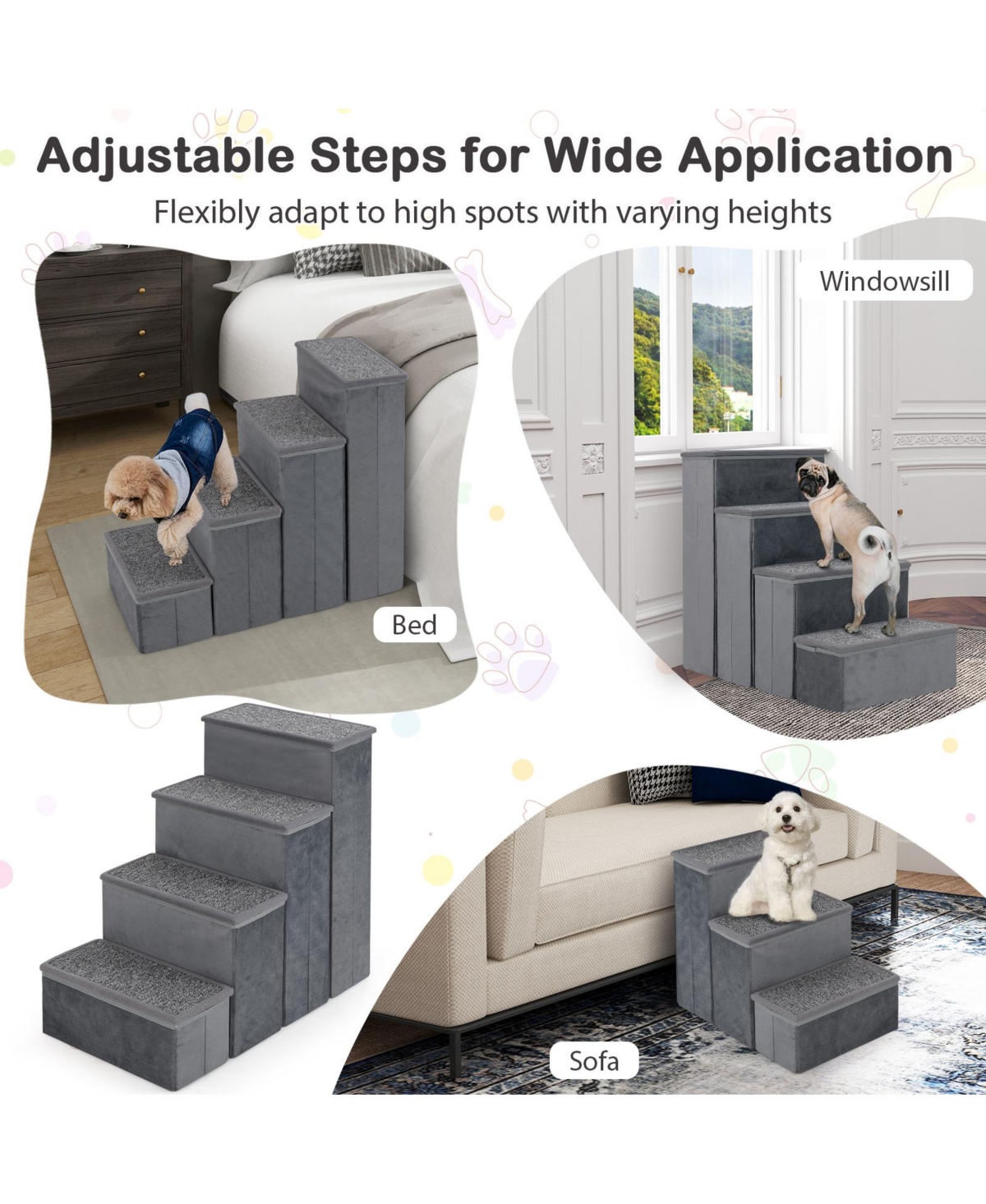 Sugift 4-Step Dog Stairs Non-slip Foldable Dog Ramp with Adjustable Steps