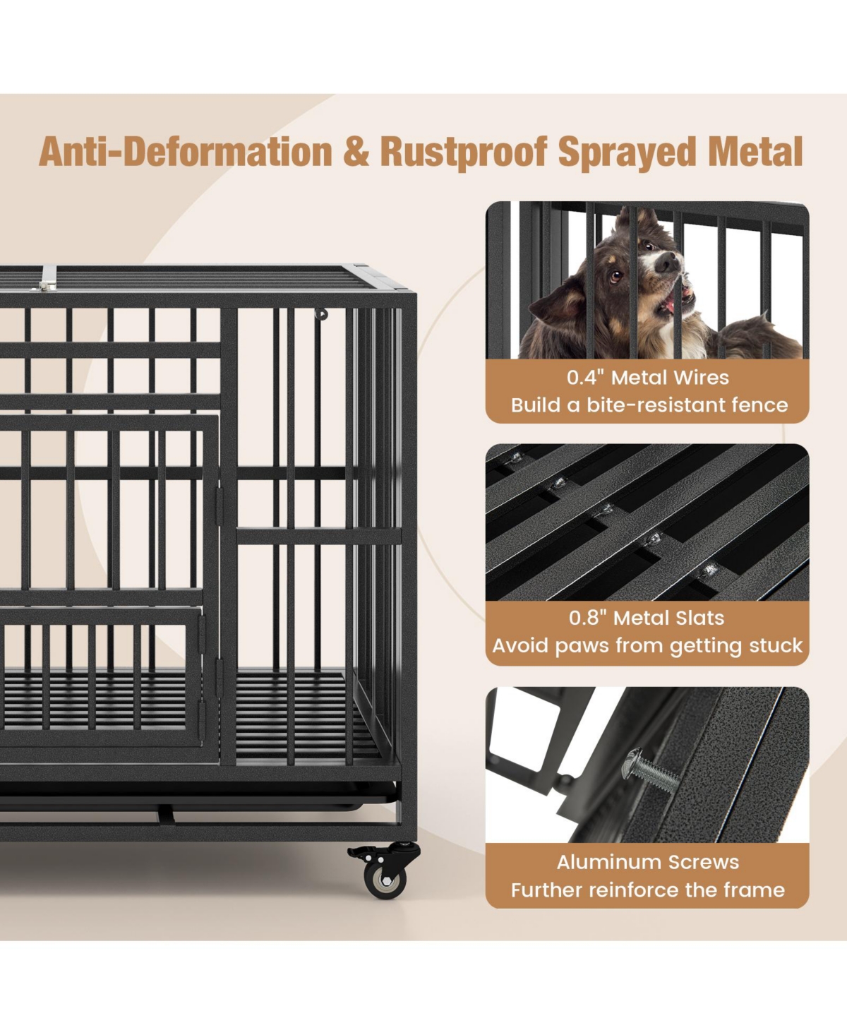 Sugift Foldable Heavy-Duty Metal Dog Cage Chew-proof Dog Crate with Lockable Universal Wheels