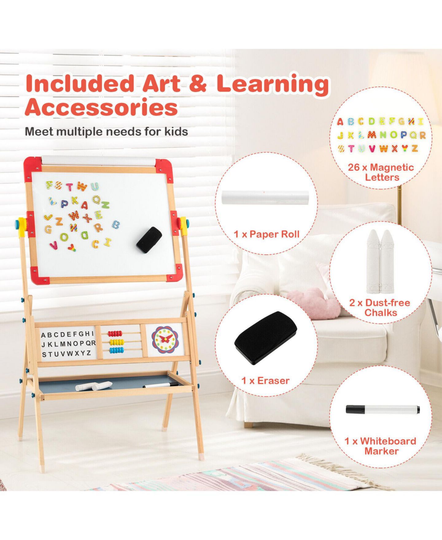 Детская игрушка SUGIFT 3-in-1 Wooden Adjustable Art Easel with Drawing Paper Roll, Ages 3+, цвет: Коричневый — фото 10