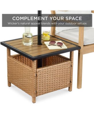 Wicker Rattan Patio Side Table Outdoor Furniture for Garden, Pool, Deck w/ Umbrella Hole
