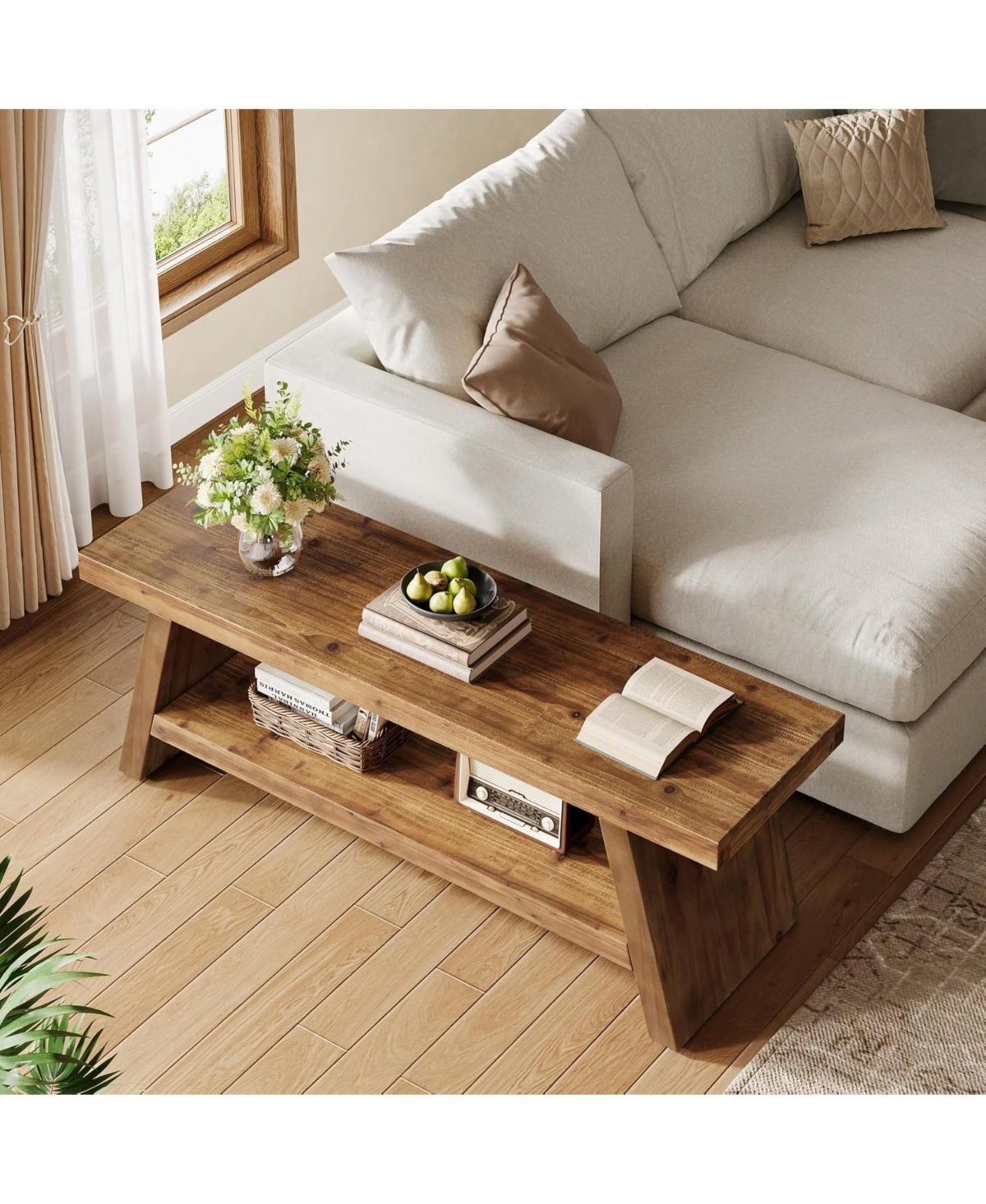 Tribesigns 2-Tier Entryway Bench, Hallway Foyer Solid Wood Seating with Open Shelves