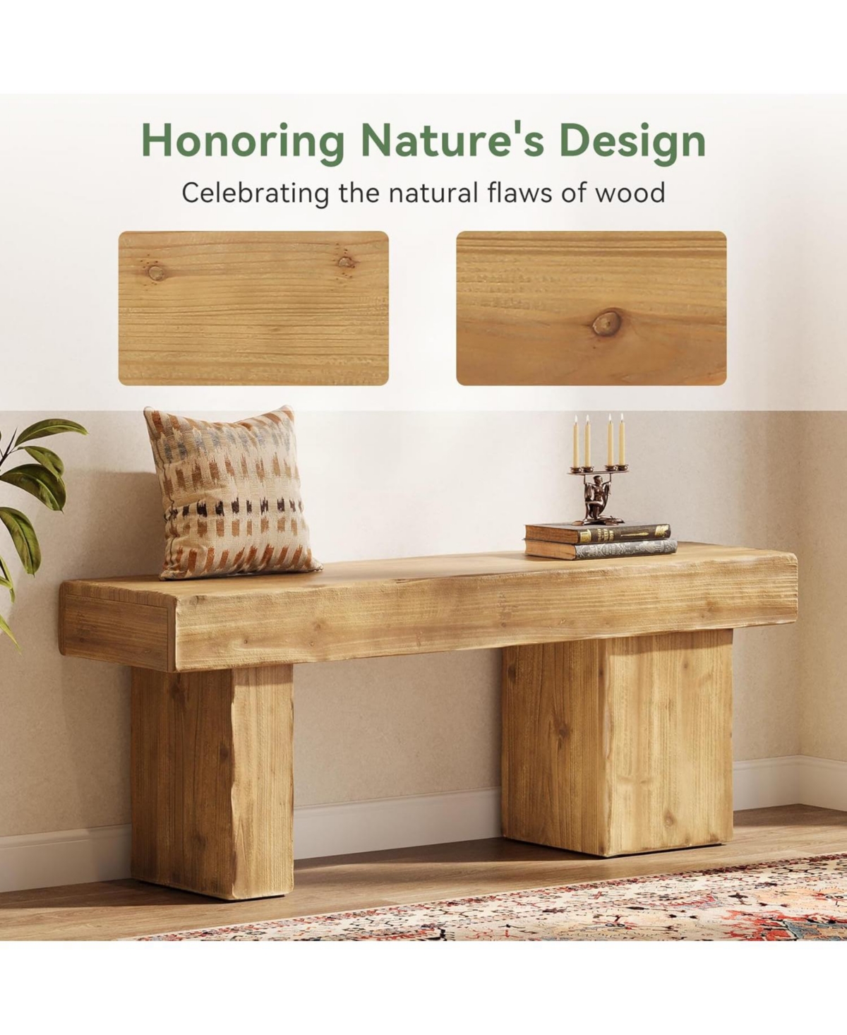 Tribesigns Solid Wood Bench, 47” Farmhouse Entryway Bench with Thickened Seat & Artistic Legs, Indoor Bench