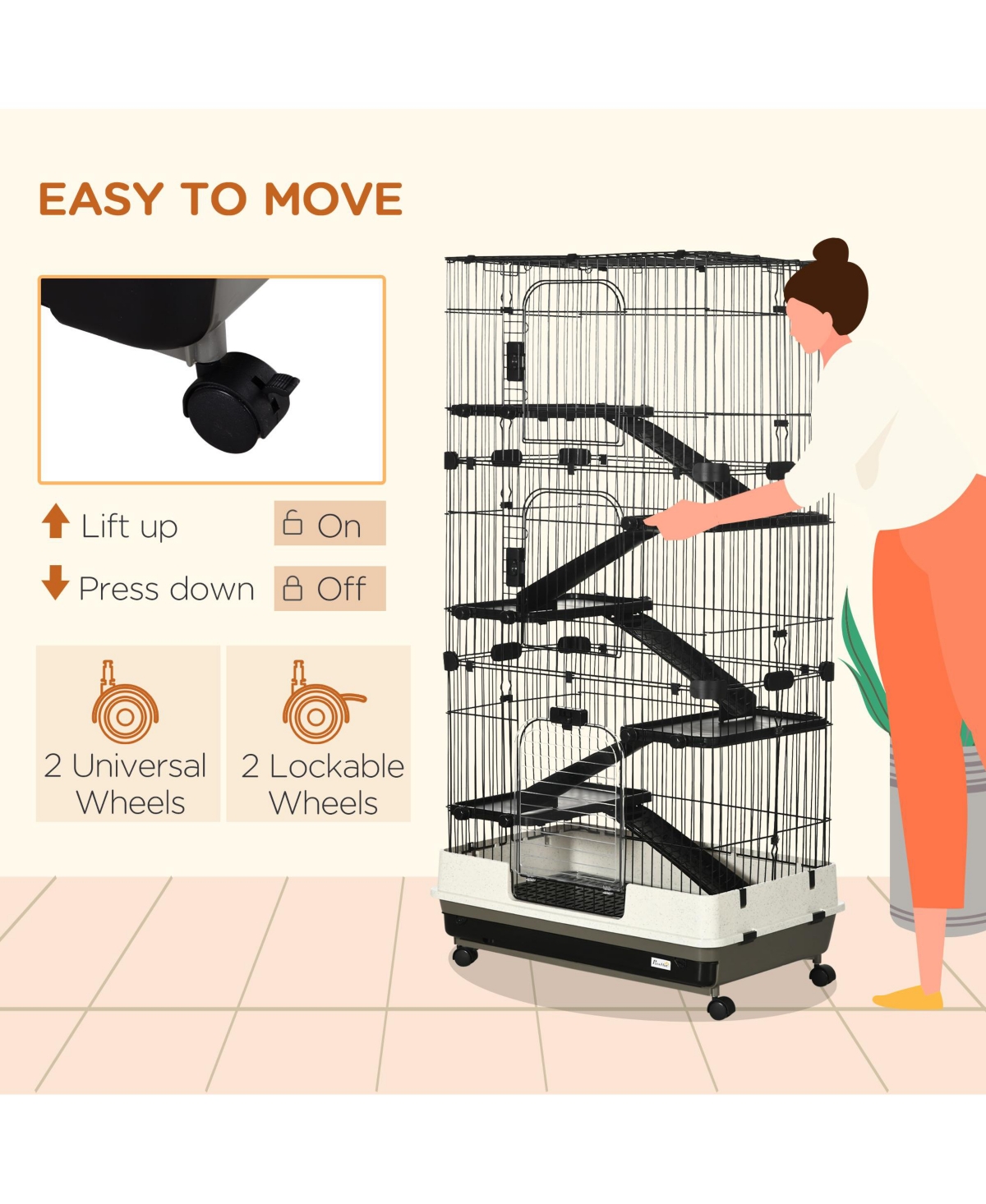 PawHut 32"L 6-Level Small Animal Cage with Lockable Wheels