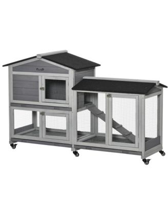 62" Wooden Rabbit Hutch with Wheels, Run Box, No Leak Tray, and Ramp