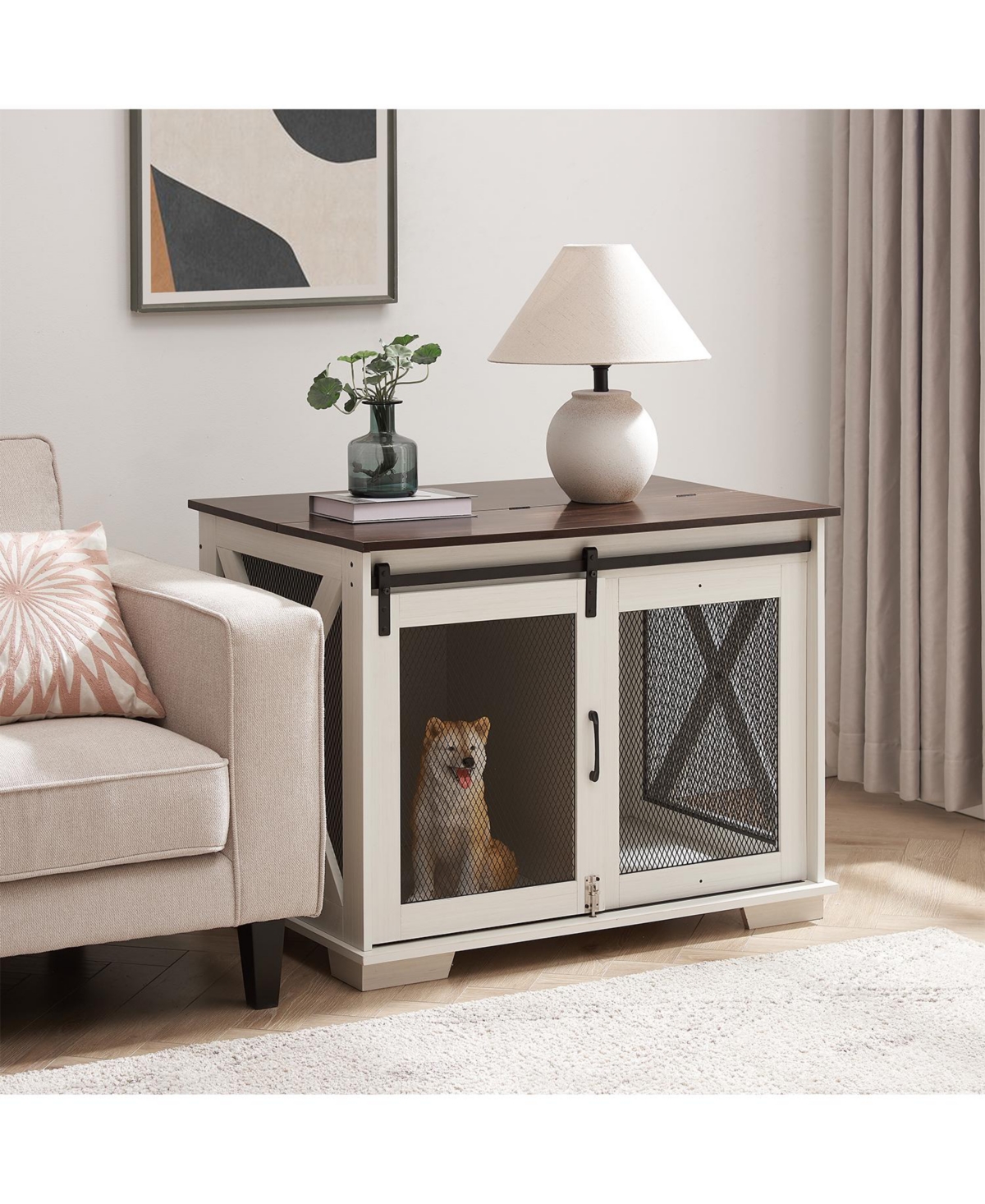 Airsurfer Dog Cage Crate Furniture with Sliding Barn Door Wooden Dog Kennel End Table with Flip-Top Plate and Detachable Divider for Small Dogs