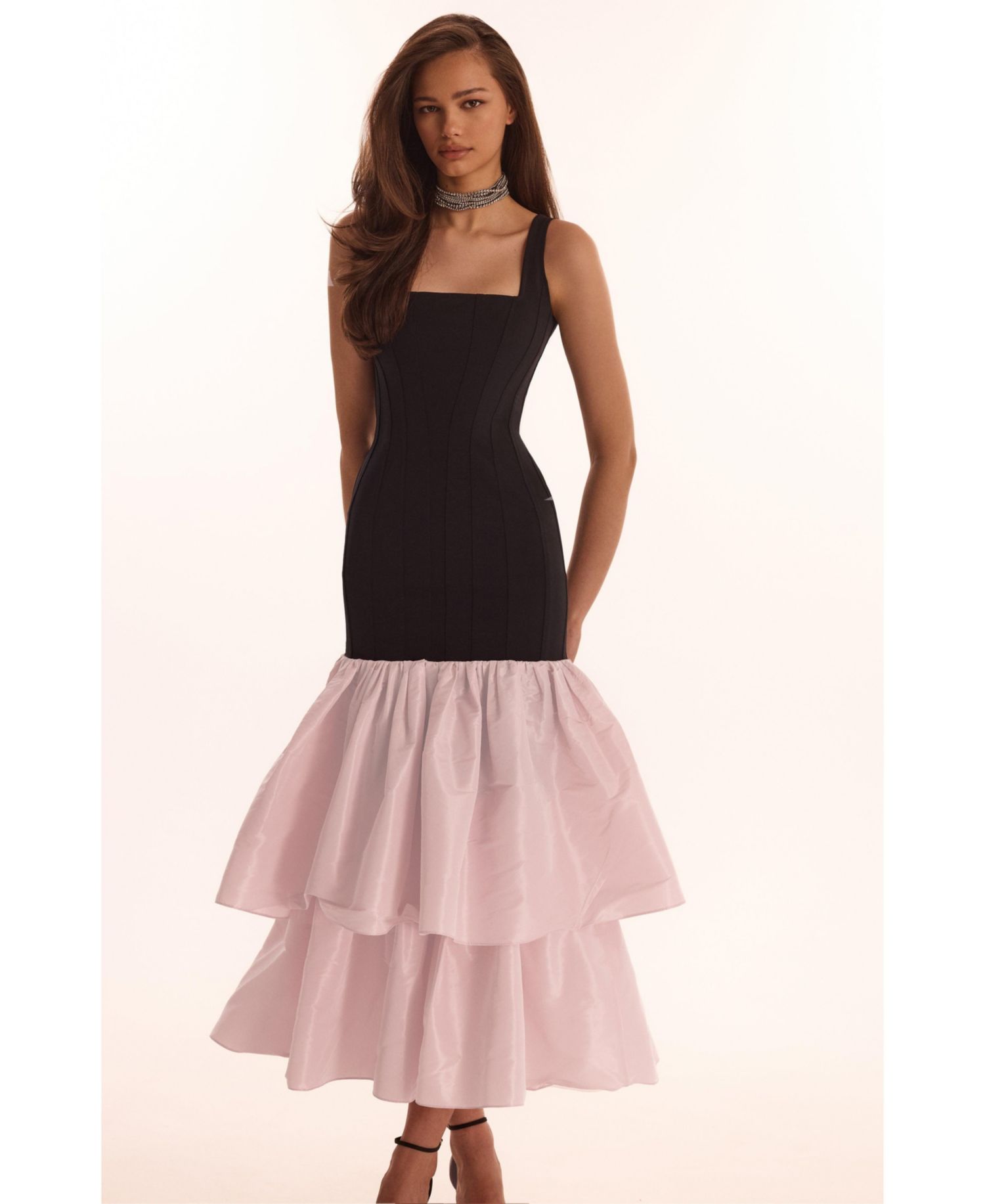 Women's Black Fitted Maxi Dress With Puffy Tiered Skirt
