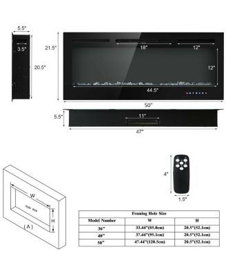 50 Inch Recessed Electric Insert Wall Mounted Fireplace with Adjustable Brightness