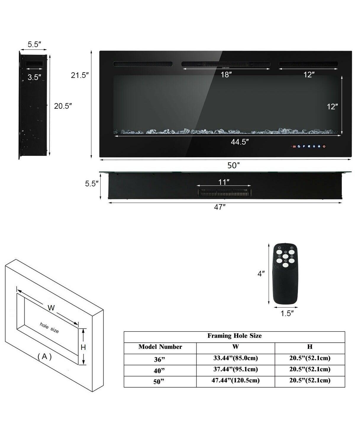 50 Inch Recessed Electric Insert Wall Mounted Fireplace with Adjustable Brightness