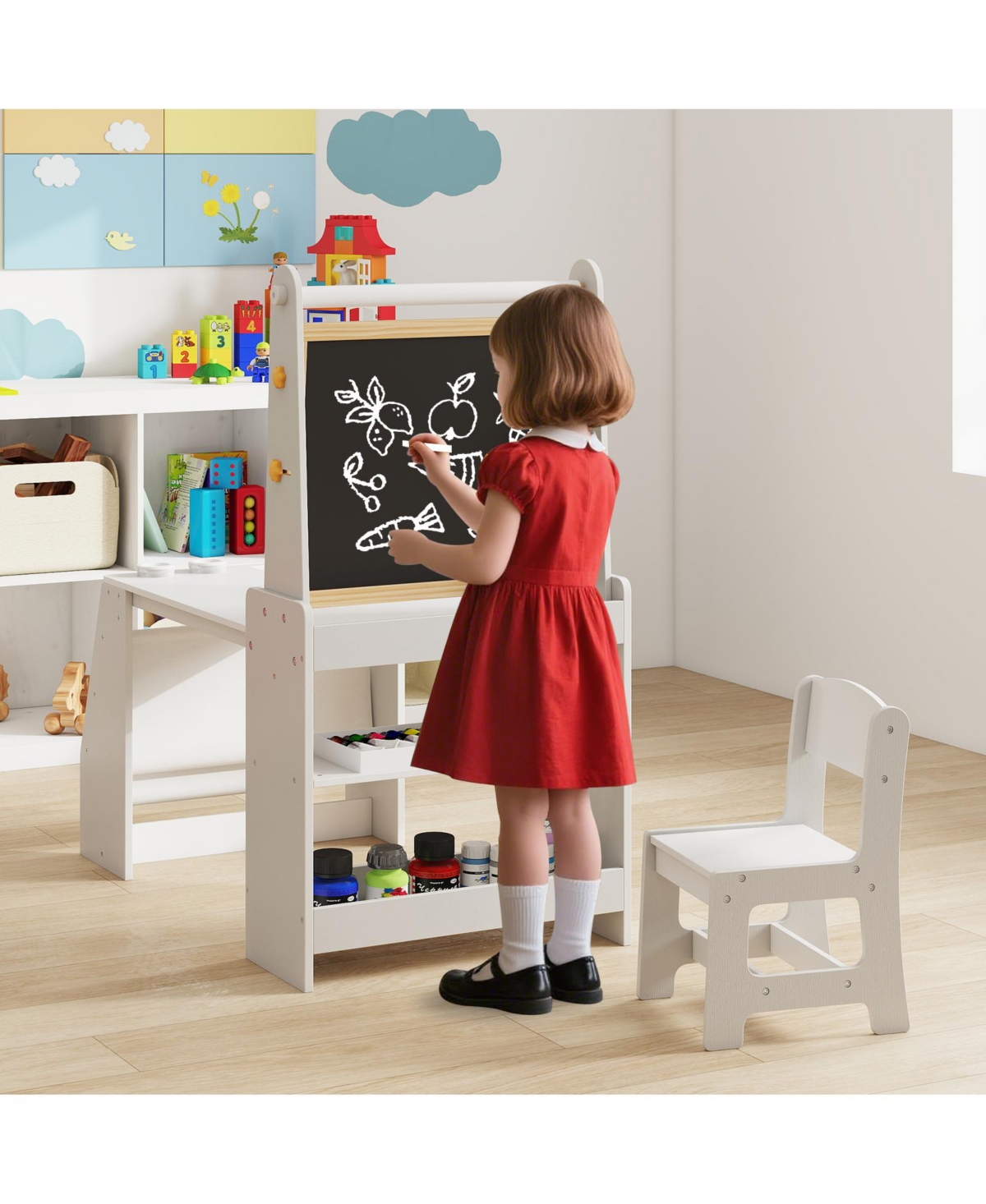 Kids Table and Chair Set with 3-in-1 Easel and Storage