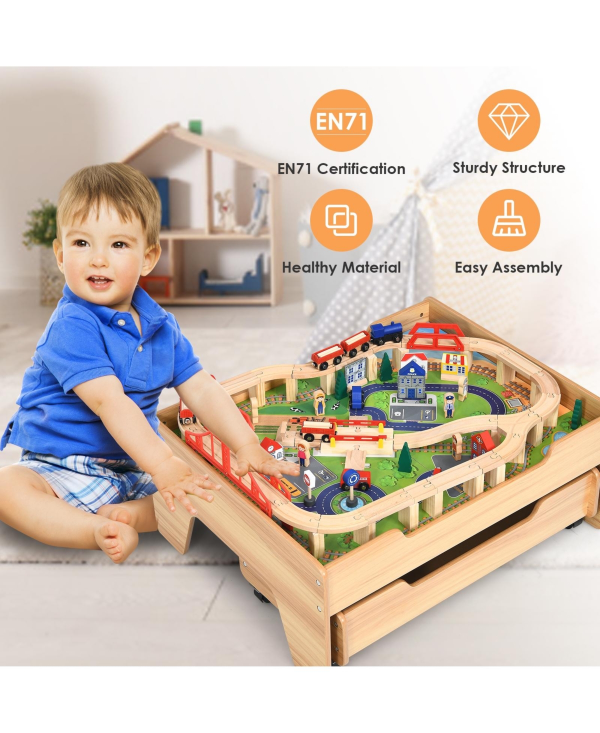 Sugift Children's Wooden Railway Set Table with 100 Pieces Storage Drawers