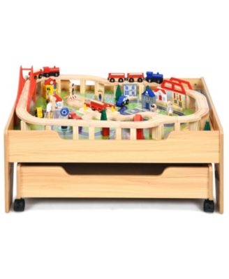 Children's Wooden Railway Set Table with 100 Pieces Storage Drawers