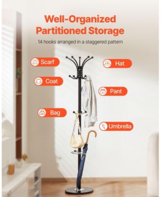 Freestanding Coat Rack with Marble Base, Umbrella Holder, and 14 Hooks