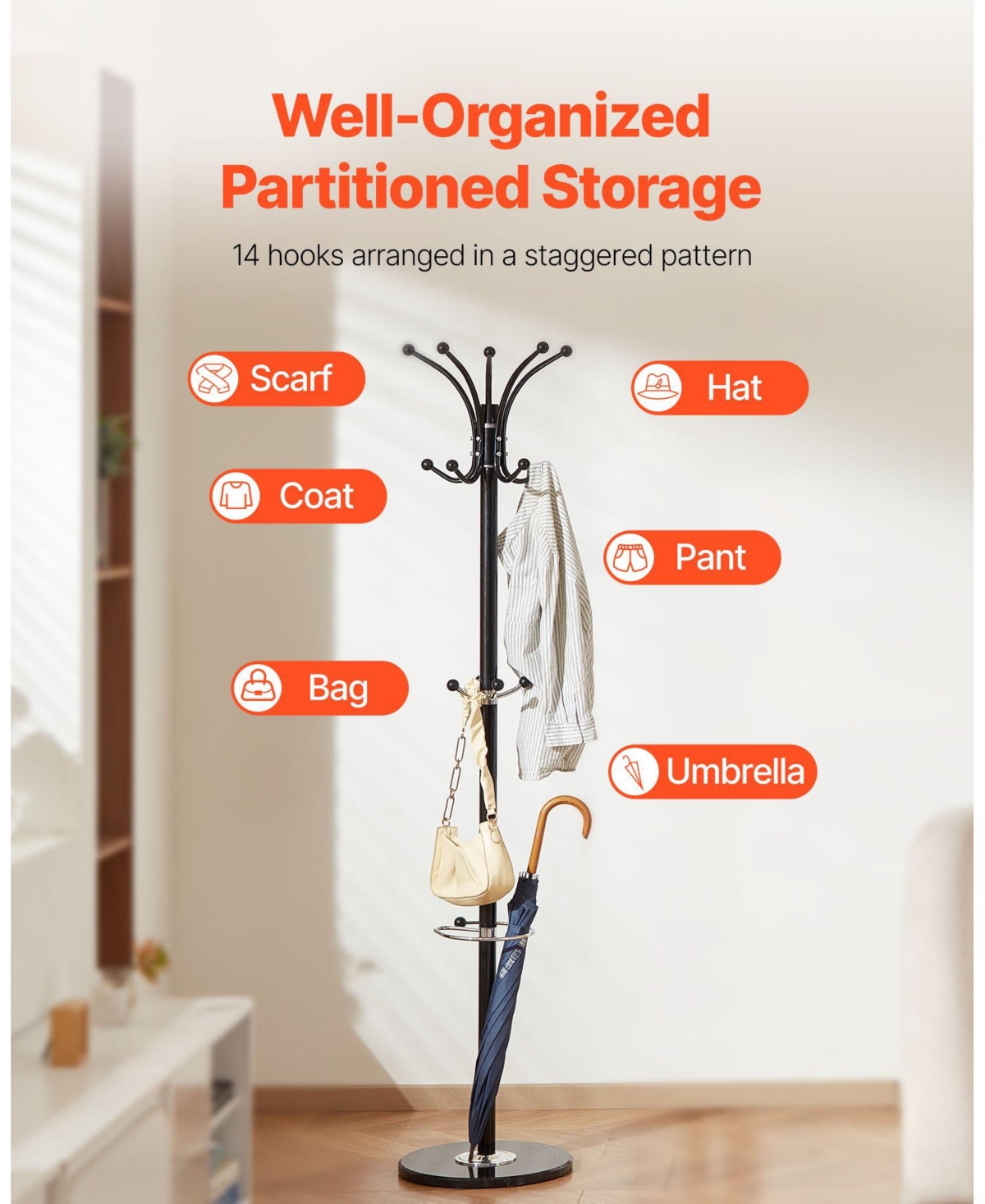 Slickblue Freestanding Coat Rack with Marble Base, Umbrella Holder, and 14 Hooks