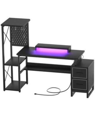 Gaming Desk with 2 Fabric Drawers and LED Lights, Reversible Computer Desk with Outlets & DIY Pegboard