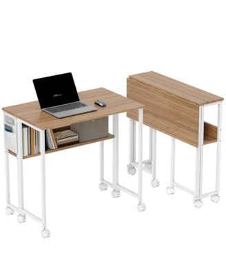 Small Folding Desk Foldable Computer Desk with Shelf Wheels