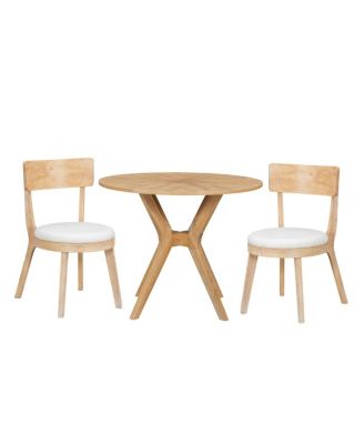 3-Piece Mid-Century Modern Dining Set, 39.4" Round Table and 2 Upholstered Chairs, Oak Finish, for Kitchen or Small Apartment