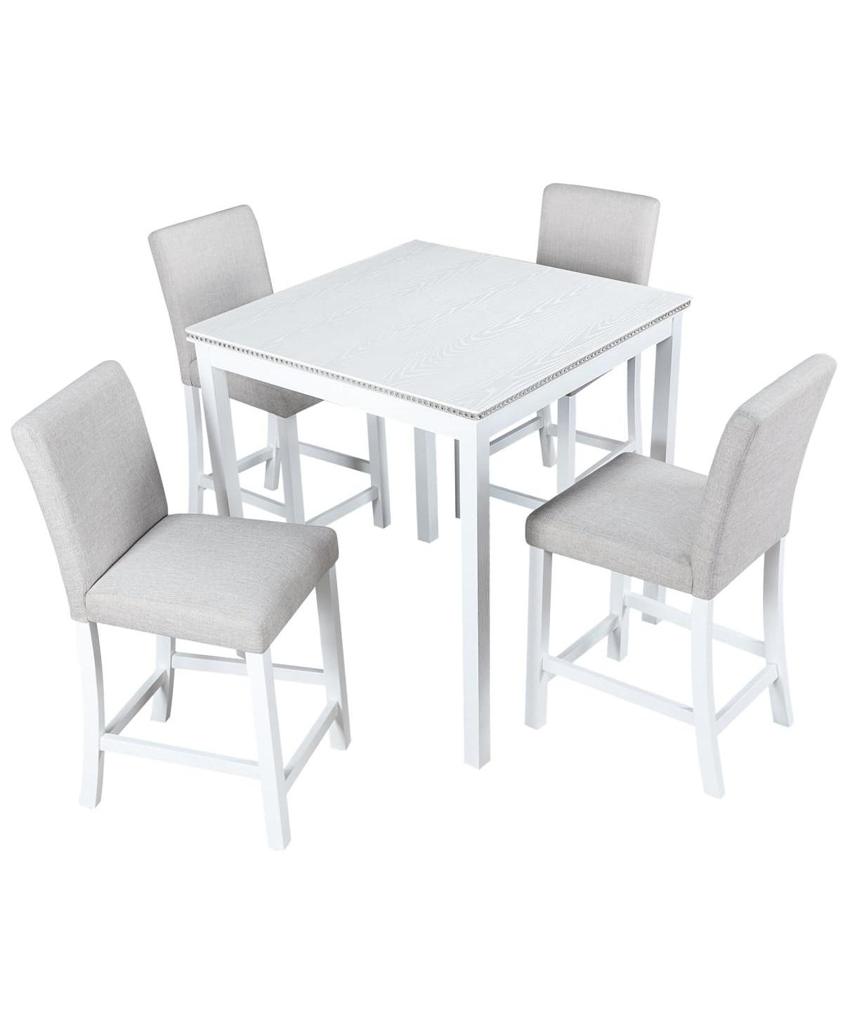 5-Piece Counter Height Dining Set with 4 Upholstered Chairs, 34.5" Square Table with Crystal Trim for Small Dining Room-Maison Boucle